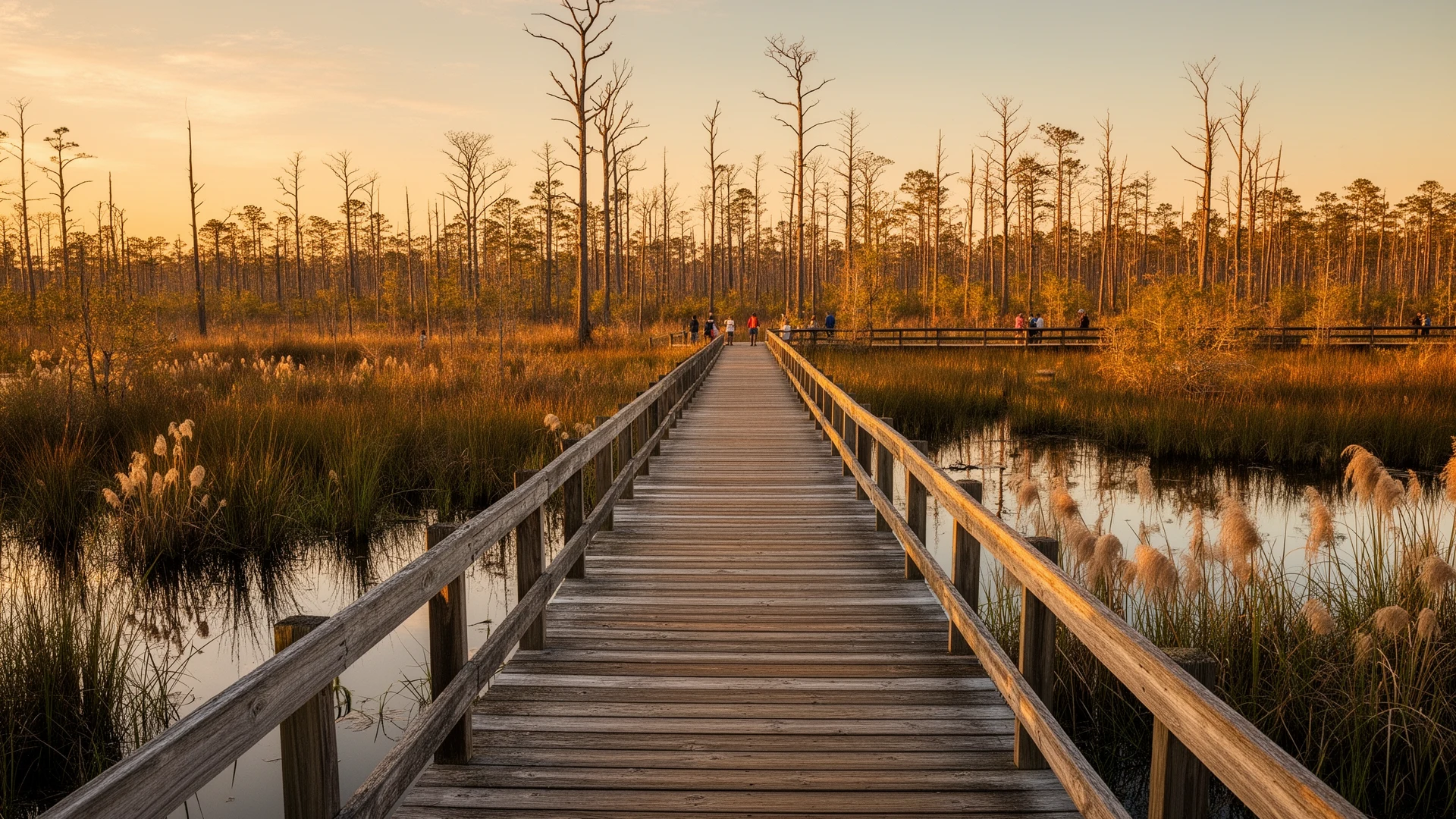 A boardwalk over a blackwater pocosin swamp in Tyrrell County at golden hour with cypress in low fog