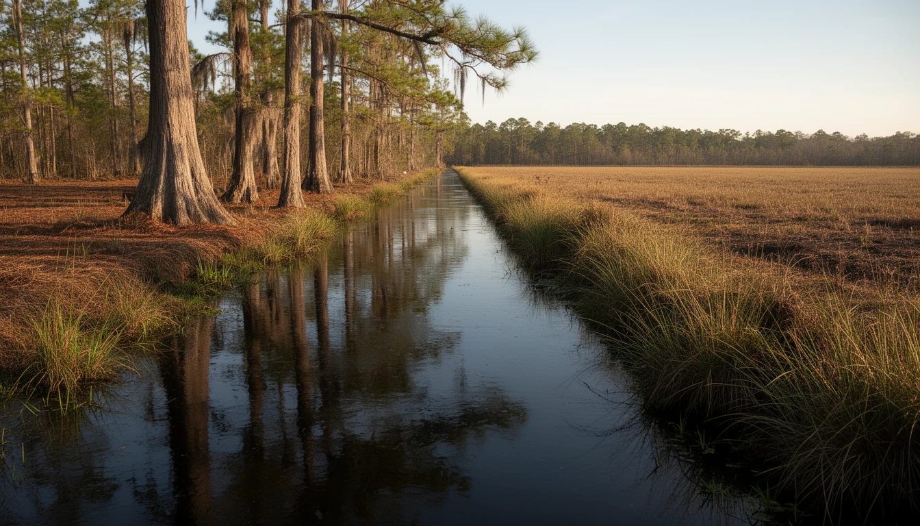 Blackwater in a narrow farm ditch beside a peaty field near Columbia, Tyrrell County