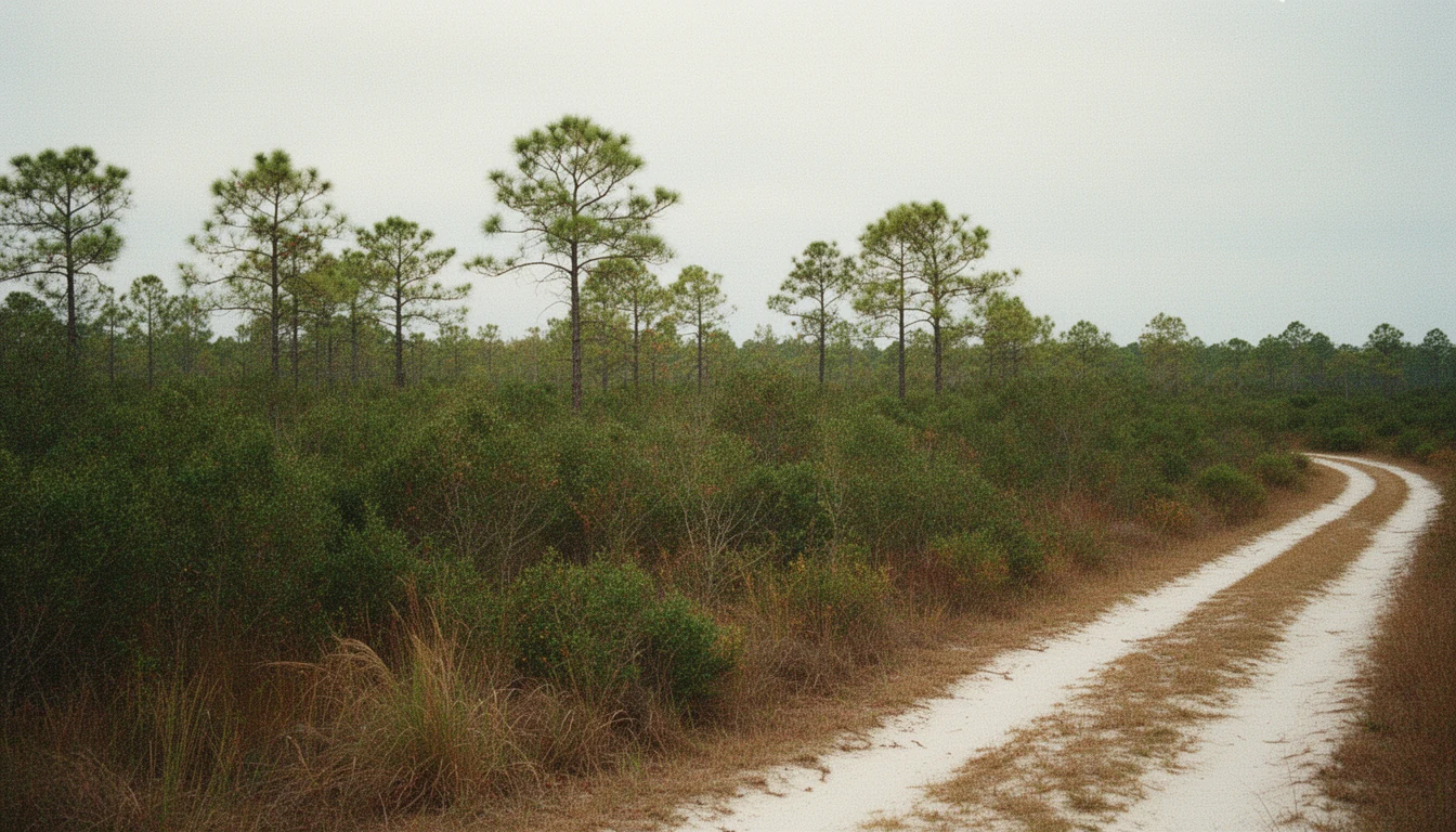 Drainage canal cutting through flat pocosin peatland and pine woods near Columbia, Tyrrell County NC