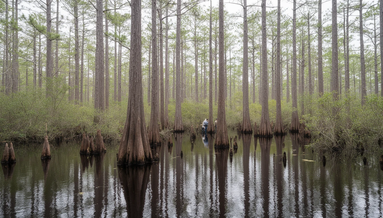 Tea-stained water of the Scuppernong River through cypress and swamp forest near Columbia, Tyrrell County NC