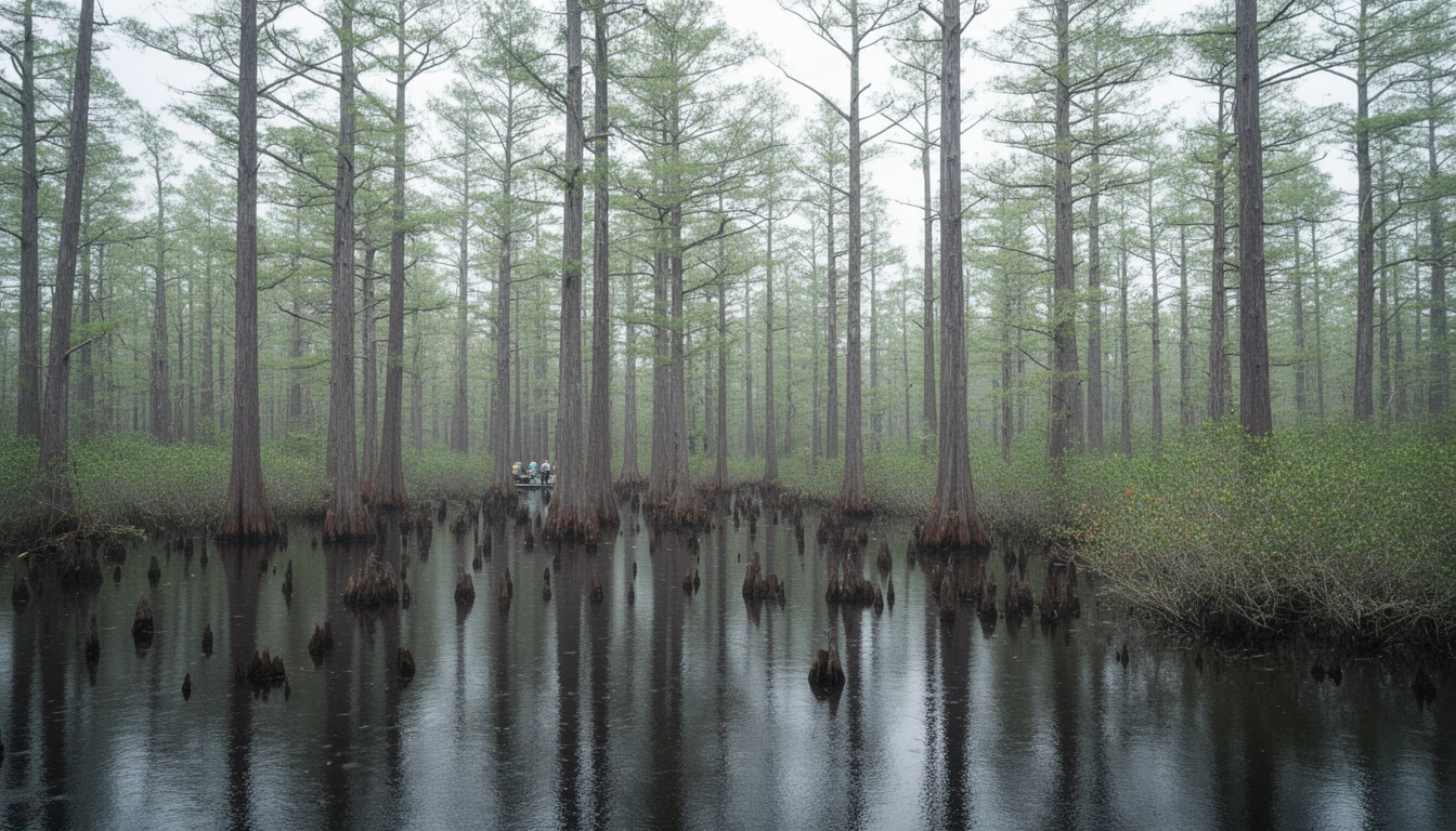 Tea-stained blackwater of the Scuppernong River winding through cypress swamp near Columbia, Tyrrell County NC