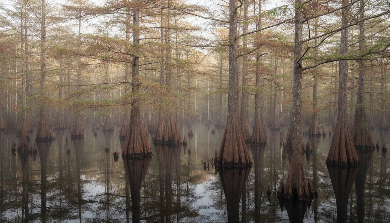 Bald cypress trunks rising from dark blackwater near Columbia, Tyrrell County NC