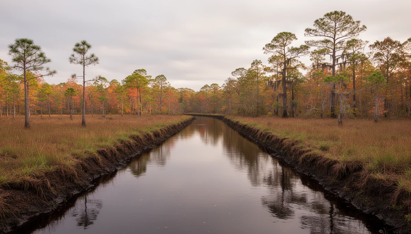 A straight drainage canal cut through pocosin peatland near Columbia, North Carolina