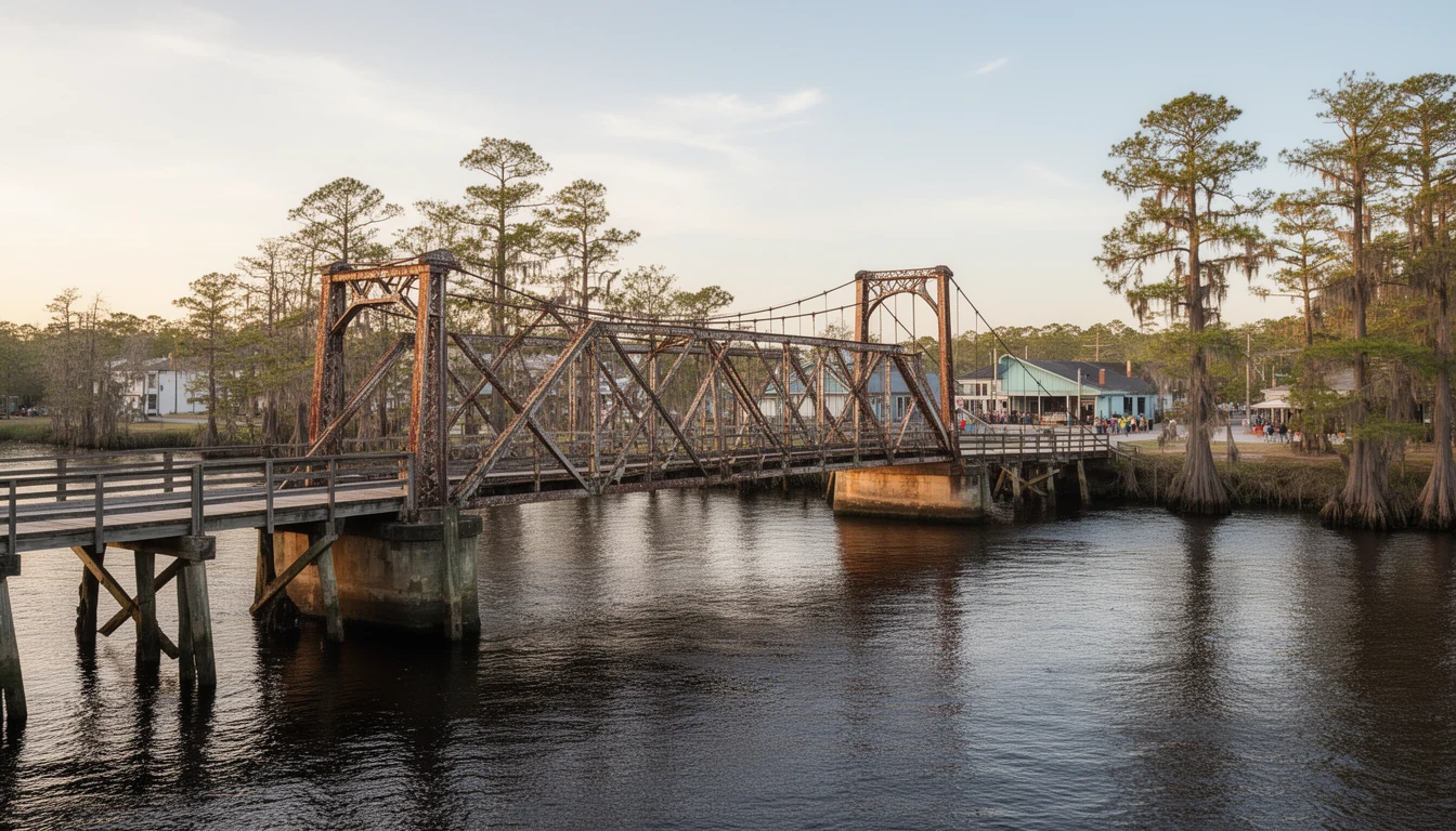 Steel swing bridge crossing the Scuppernong River at Columbia, Tyrrell County NC