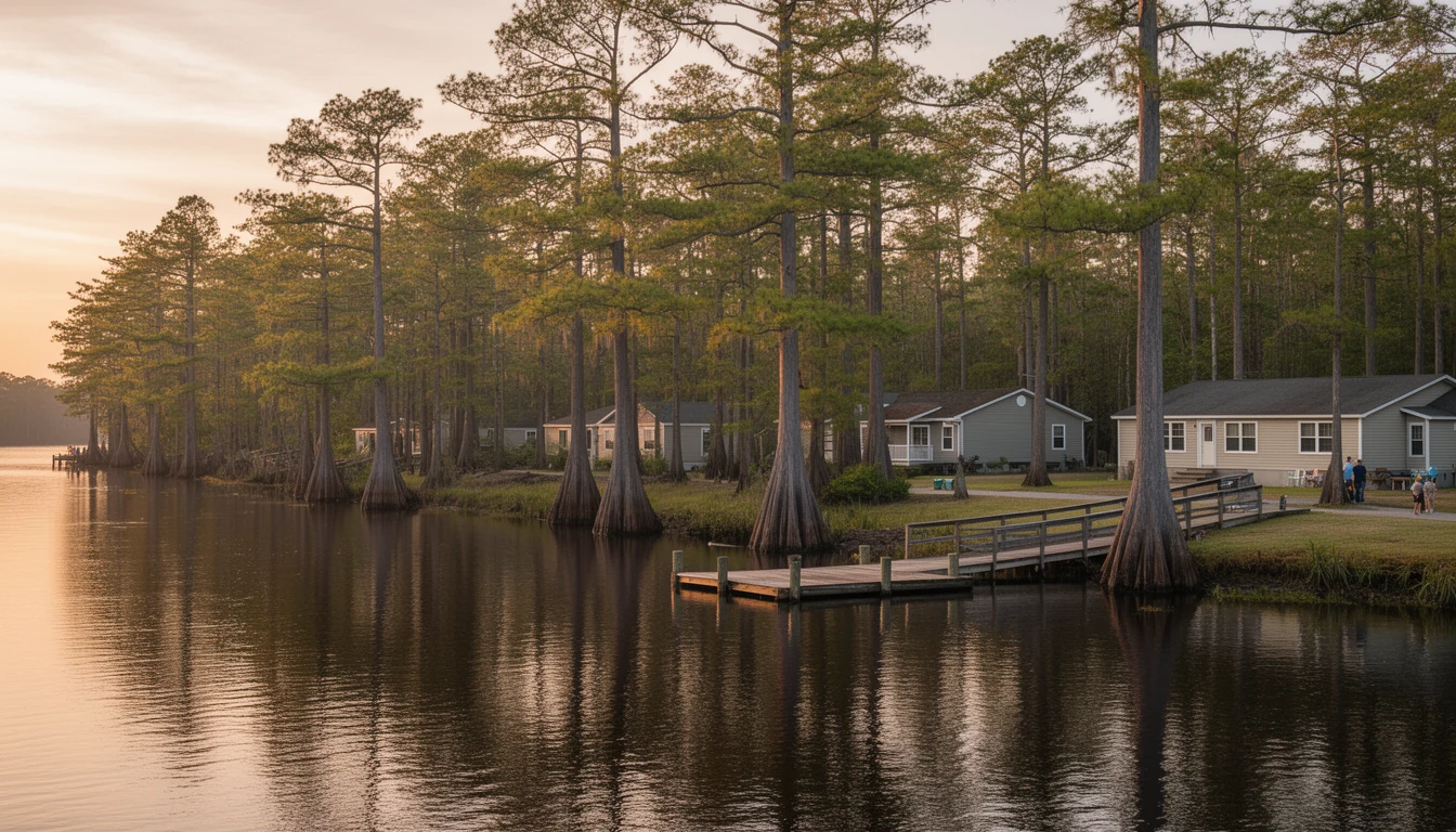 Blackwater of the Scuppernong River passing bald cypress at the Columbia waterfront, Tyrrell County NC