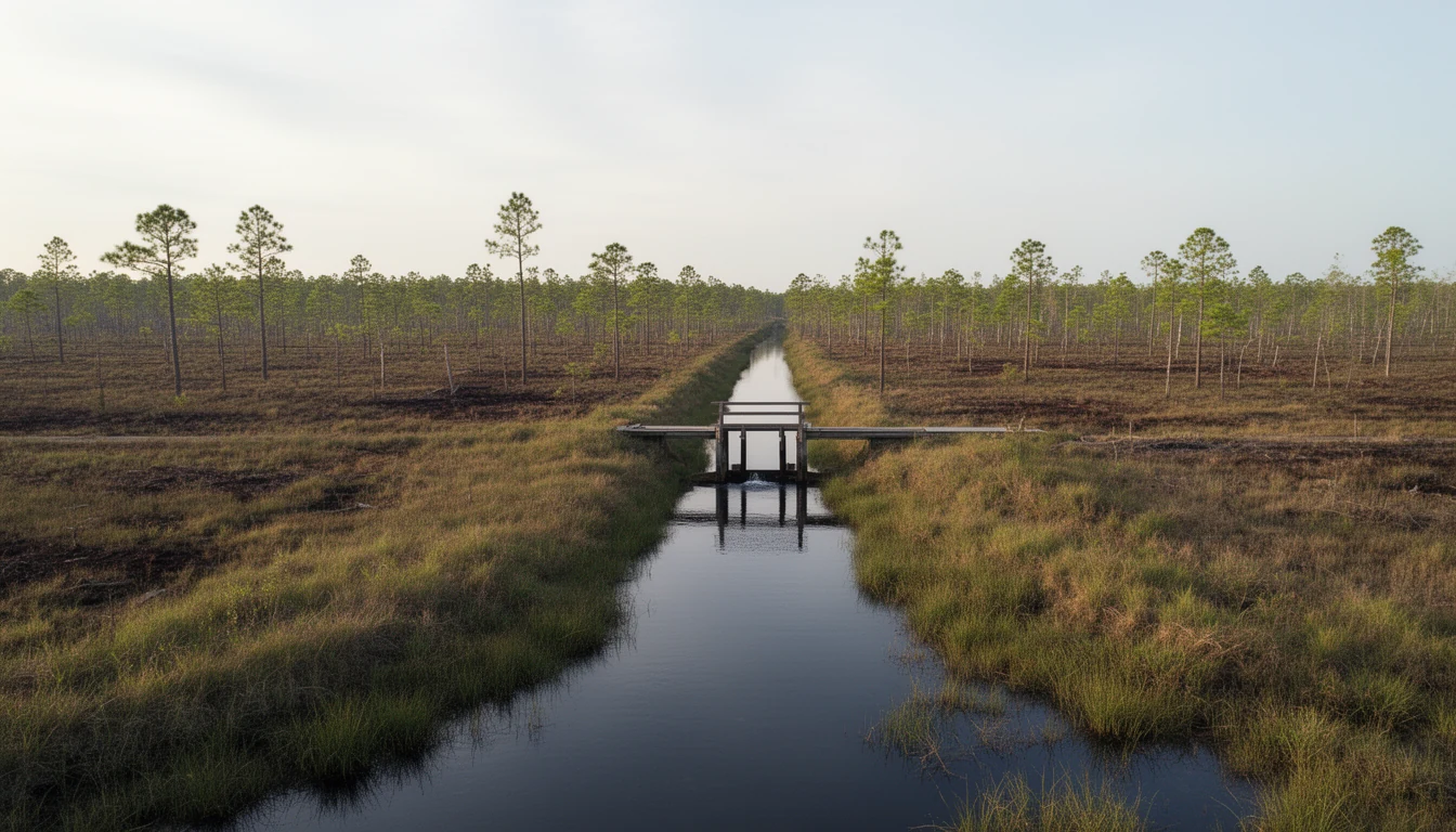 Drainage canal through flat pocosin farmland near Columbia, Tyrrell County NC