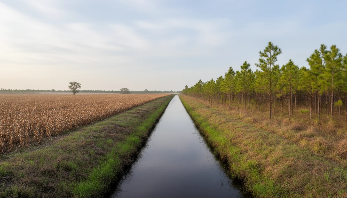A straight drainage canal crossing flat farmland near Columbia, Tyrrell County NC