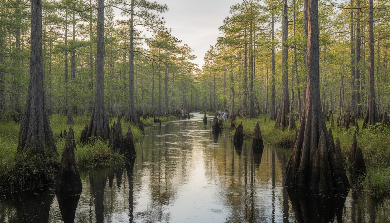 Tea-stained blackwater of the Scuppernong River winding through bald cypress and pocosin swamp near Columbia, Tyrrell County NC
